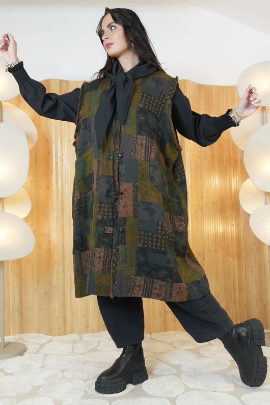 Patchwork Longline Gilet Jacket Navy